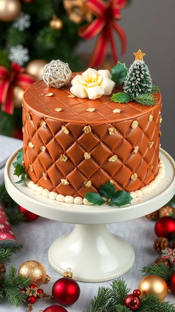 A festive quilted Christmas cake with marzipan and fondant decoration, displayed on a cake stand with holiday decorations.